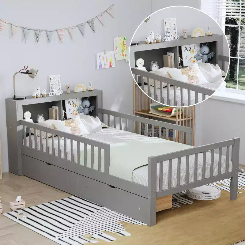 Wood Twin Size Platform Bed with 2 Storage Drawers and Guardrails for Kids