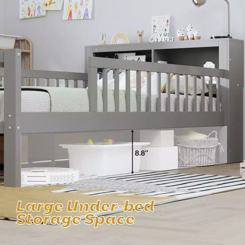 Wood Twin Size Platform Bed with 2 Storage Drawers and Guardrails for Kids