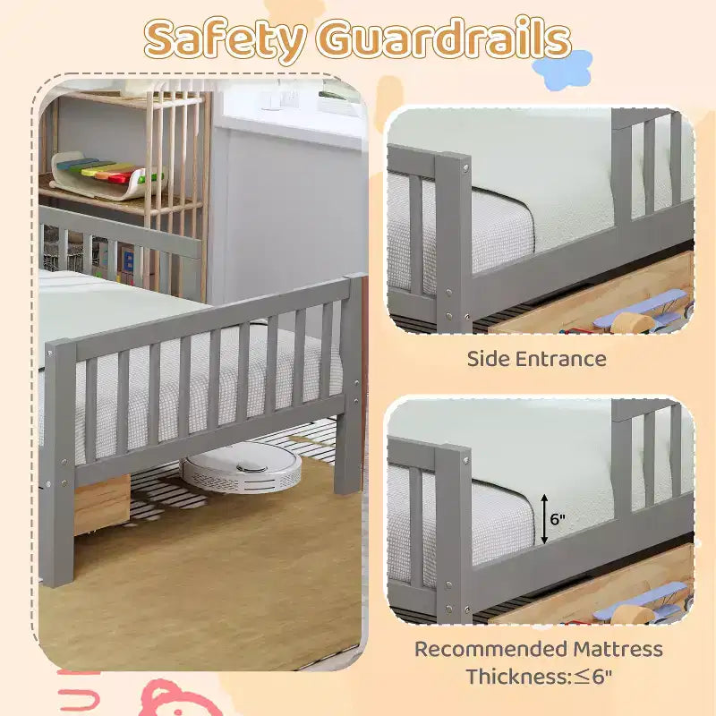 Wood Twin Size Platform Bed with 2 Storage Drawers and Guardrails for Kids