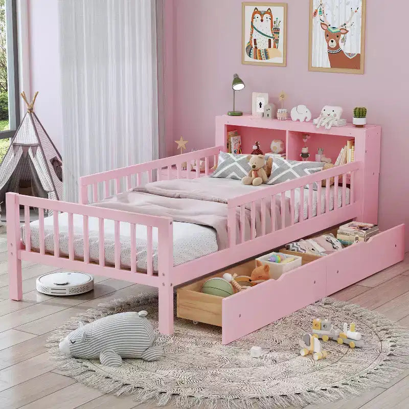 Wood Twin Size Platform Bed with 2 Storage Drawers and Guardrails for Kids