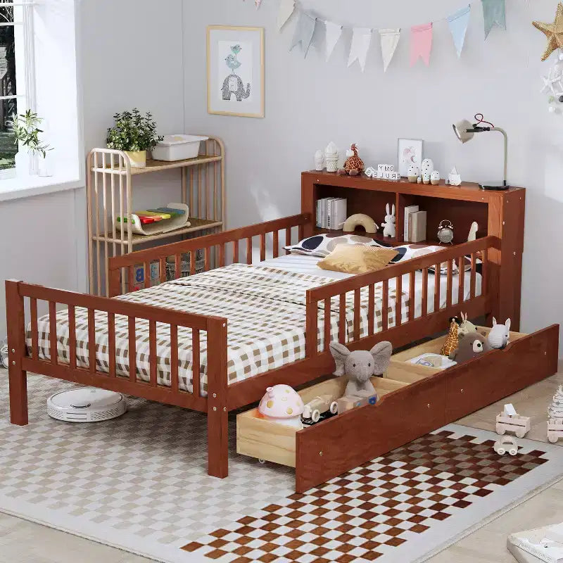 Wood Twin Size Platform Bed with 2 Storage Drawers and Guardrails for Kids