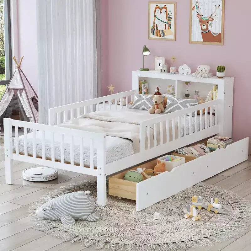 Wood Twin Size Platform Bed with 2 Storage Drawers and Guardrails for Kids