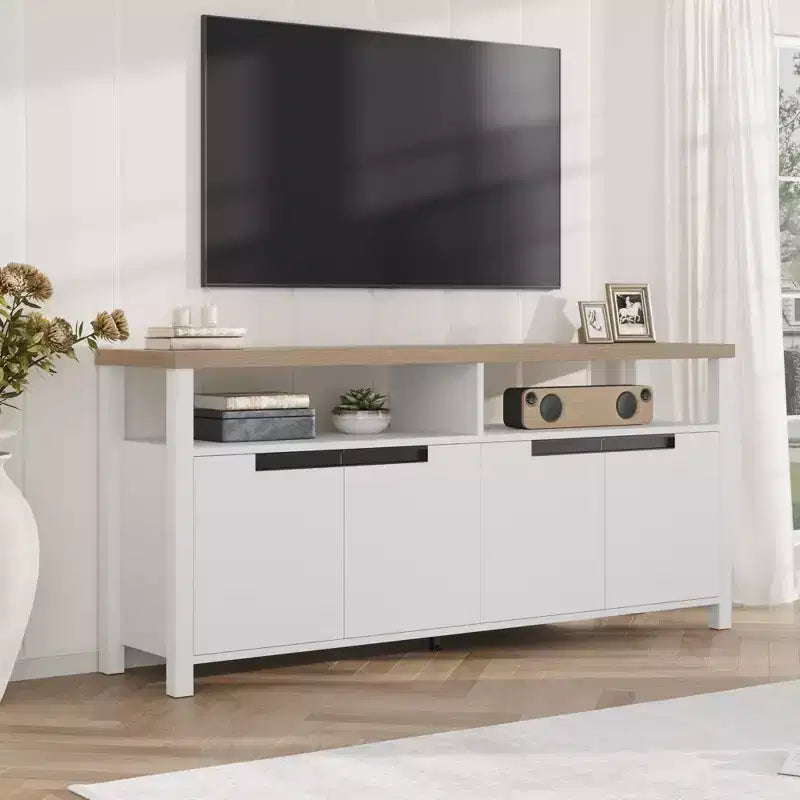 Farmhouse-Style TV Console with Storage and Open Shelving Modern Tall Media Cabinet for Living Room or Bedroom