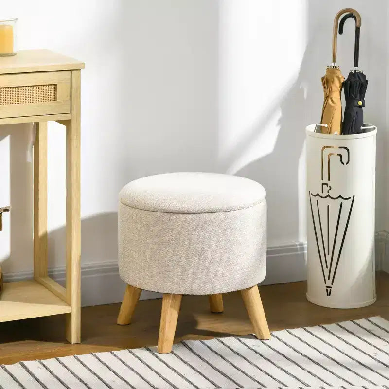 Round Ottoman Stool with Storage, Linen Fabric Upholstered Foot Stool with Padded Seat