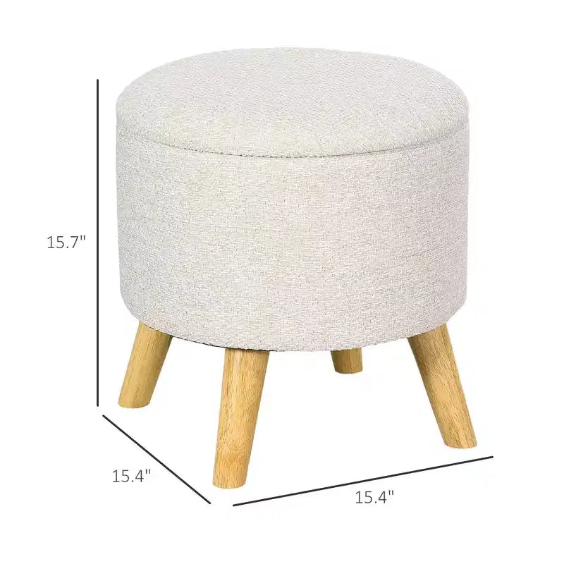 Round Ottoman Stool with Storage, Linen Fabric Upholstered Foot Stool with Padded Seat