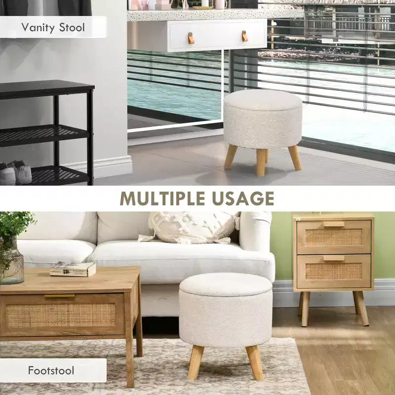 Round Ottoman Stool with Storage, Linen Fabric Upholstered Foot Stool with Padded Seat