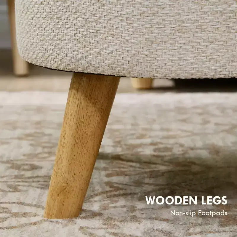 Round Ottoman Stool with Storage, Linen Fabric Upholstered Foot Stool with Padded Seat