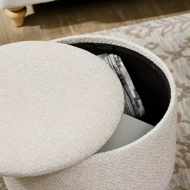 Round Ottoman Stool with Storage, Linen Fabric Upholstered Foot Stool with Padded Seat