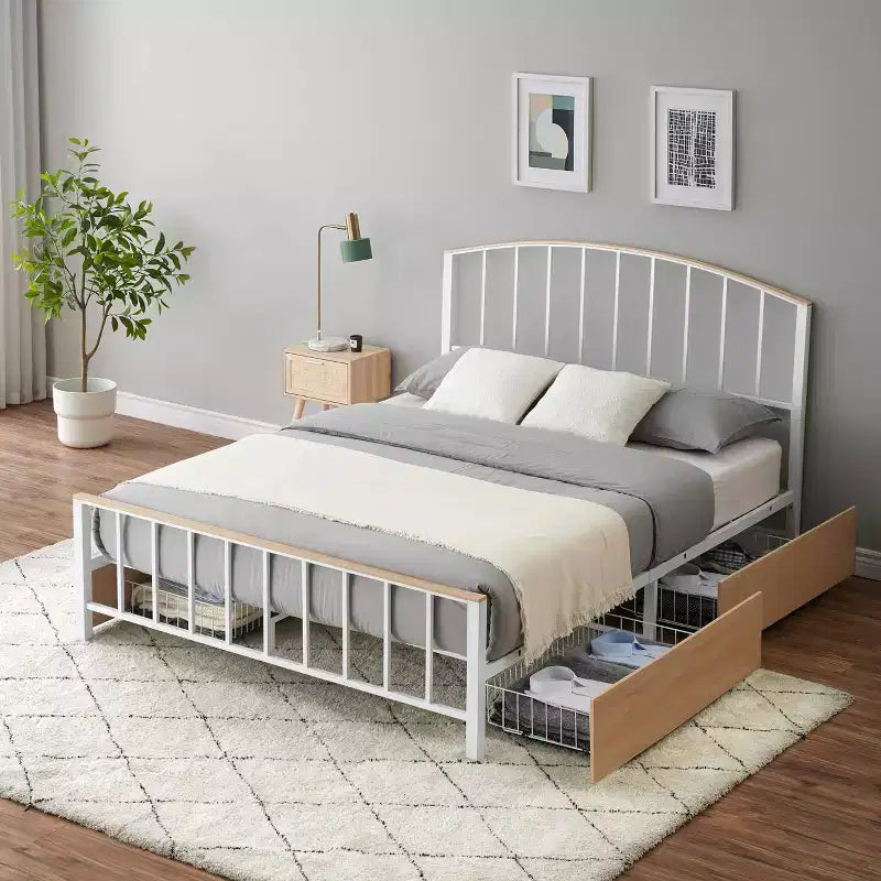 Modern Metal Platform Bed Frame with 4 Storage Drawers, No Noise, No Box Spring Needed