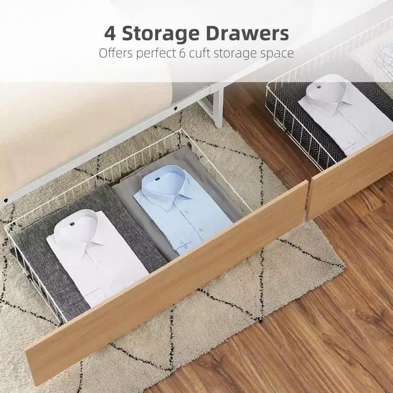 Modern Metal Platform Bed Frame with 4 Storage Drawers, No Noise, No Box Spring Needed