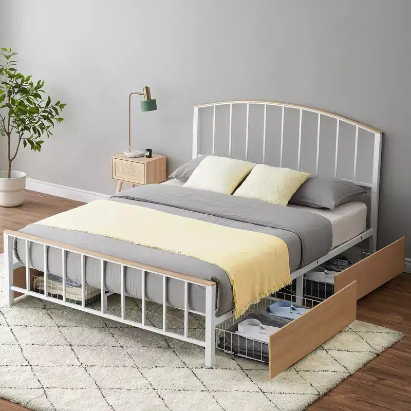 Modern Metal Platform Bed Frame with 4 Storage Drawers, No Noise, No Box Spring Needed