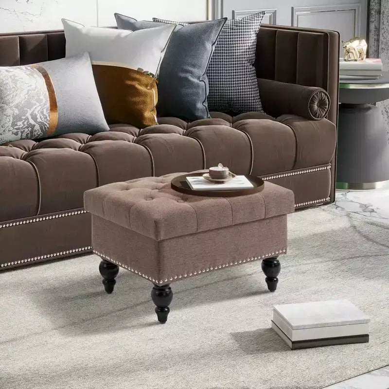 Ottoman with Storage for Living Room, 25 Storage Ottoman with Removable Lid, Button-Tufted Fabric Bench for Footrest and Seat with Wood Legs