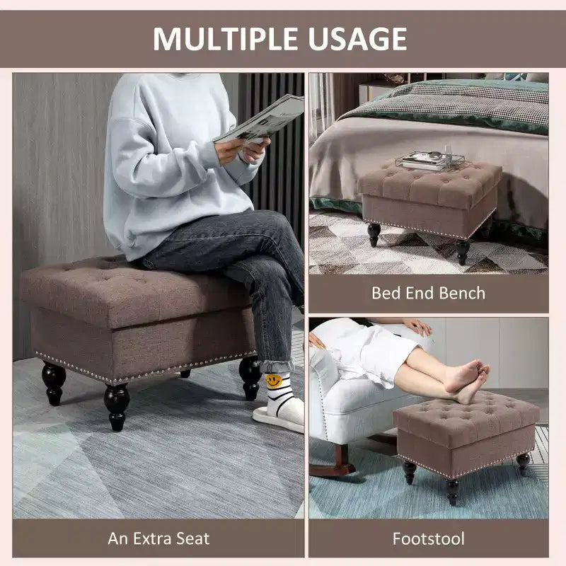 Ottoman with Storage for Living Room, 25 Storage Ottoman with Removable Lid, Button-Tufted Fabric Bench for Footrest and Seat with Wood Legs