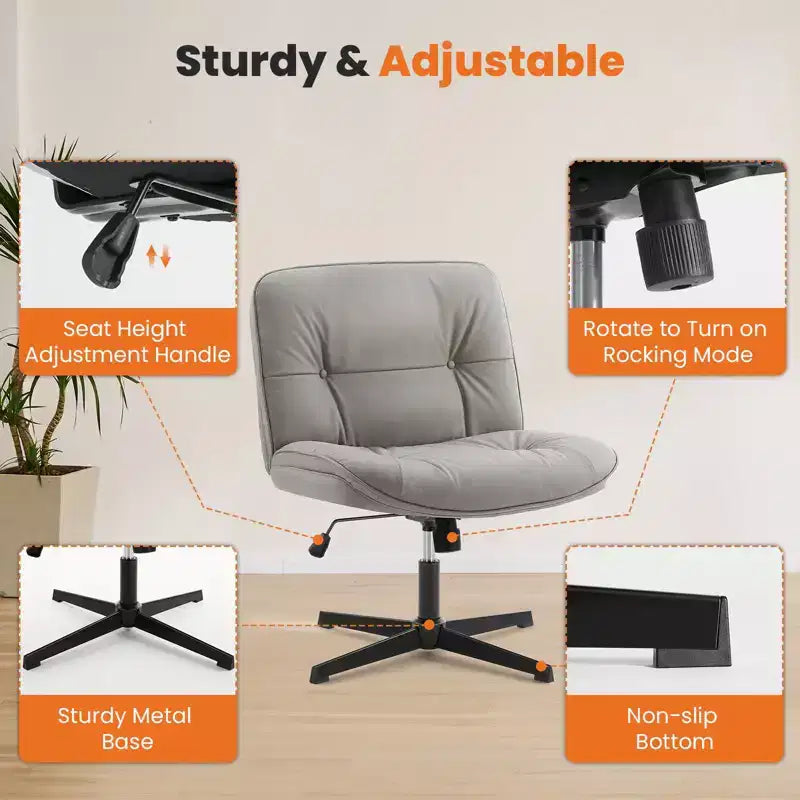 Chaise Criss-Cross moderne, sans accoudoirs avec assise extra large, pivotante et réglable en hauteur pour bureau et salle de lecture