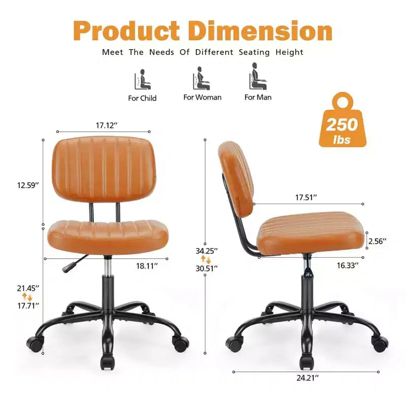 Height-Adjustable Computer Chair with Backrest, Armless Swivel Chair with Wheels for Office, Reading Room and Study