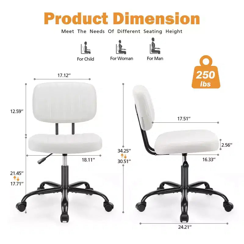 Height-Adjustable Computer Chair with Backrest, Armless Swivel Chair with Wheels for Office, Reading Room and Study
