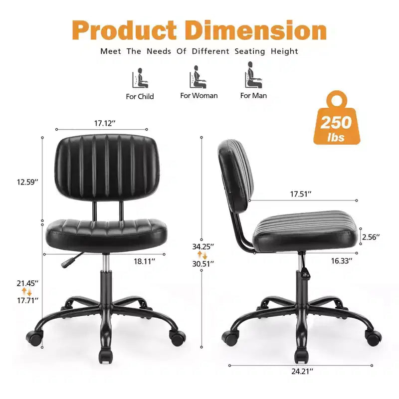Height-Adjustable Computer Chair with Backrest, Armless Swivel Chair with Wheels for Office, Reading Room and Study