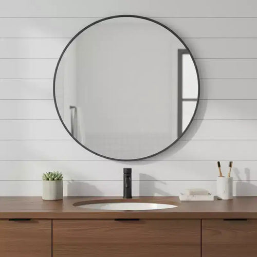 24" Round Black Metal Framed Bathroom Vanity Mirror, Wall Mount