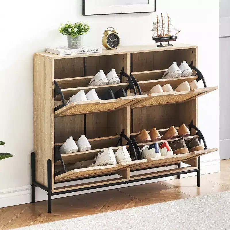 Four-door shoe cabinet with three adjustable shelves, ideal for high heels, boots, and stylish entrywaysa perfect hallway storage solution.