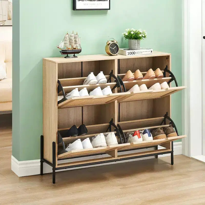 Four-door shoe cabinet with three adjustable shelves, ideal for high heels, boots, and stylish entrywaysa perfect hallway storage solution.