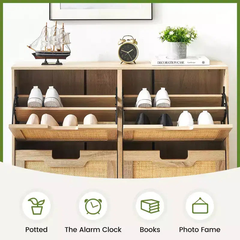 Four-door shoe cabinet with three adjustable shelves, ideal for high heels, boots, and stylish entrywaysa perfect hallway storage solution.