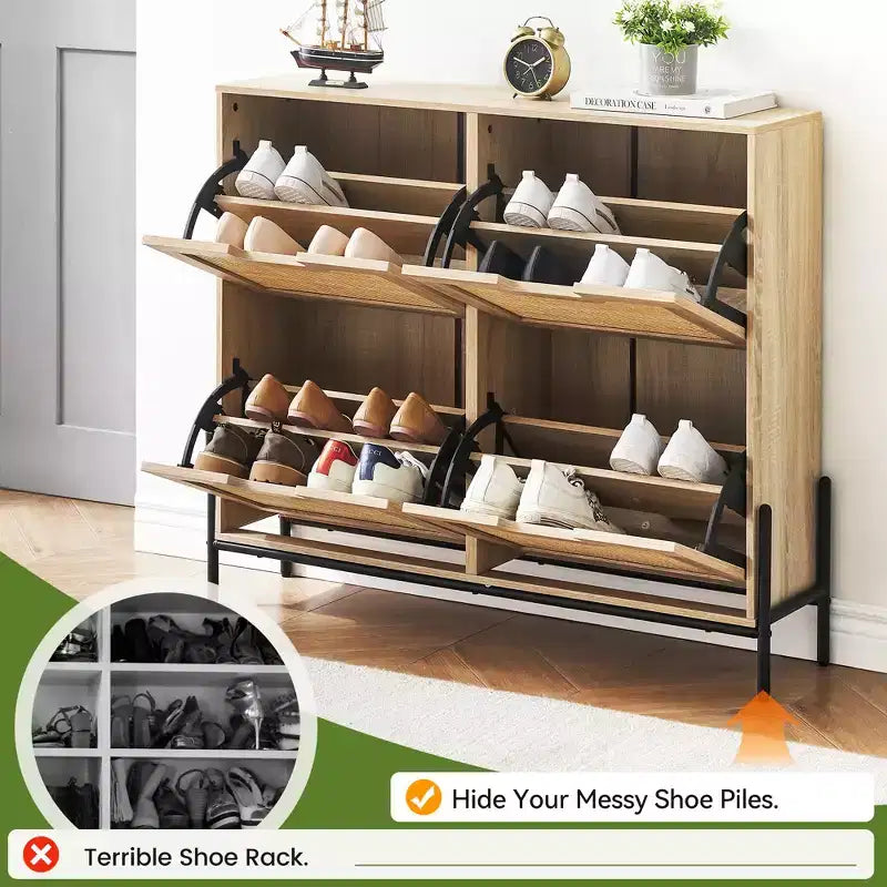 Four-door shoe cabinet with three adjustable shelves, ideal for high heels, boots, and stylish entrywaysa perfect hallway storage solution.