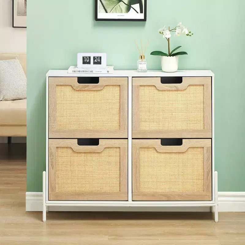 Four-door shoe cabinet with three adjustable shelves, ideal for high heels, boots, and stylish entrywaysa perfect hallway storage solution.
