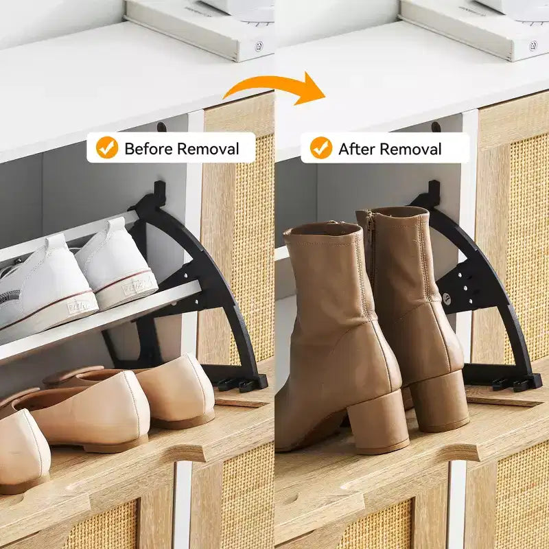Four-door shoe cabinet with three adjustable shelves, ideal for high heels, boots, and stylish entrywaysa perfect hallway storage solution.