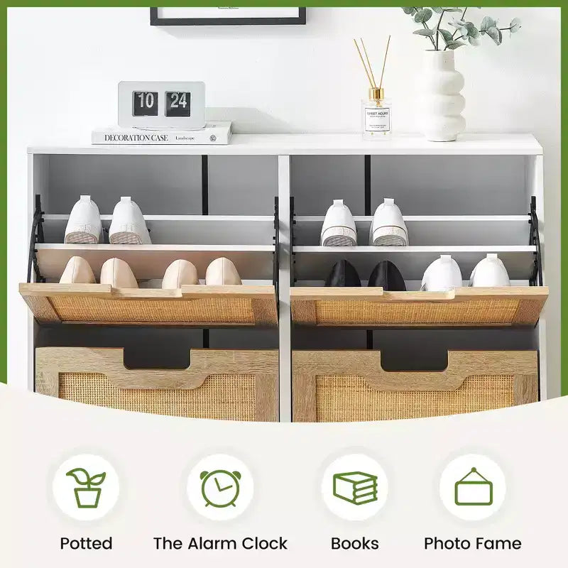 Four-door shoe cabinet with three adjustable shelves, ideal for high heels, boots, and stylish entrywaysa perfect hallway storage solution.
