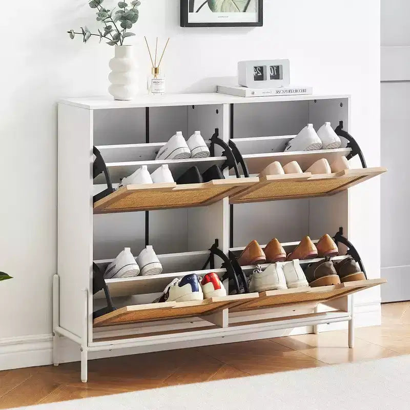 Four-door shoe cabinet with three adjustable shelves, ideal for high heels, boots, and stylish entrywaysa perfect hallway storage solution.