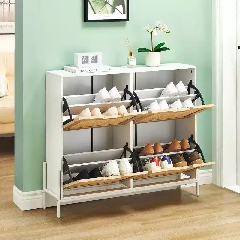Four-door shoe cabinet with three adjustable shelves, ideal for high heels, boots, and stylish entrywaysa perfect hallway storage solution.
