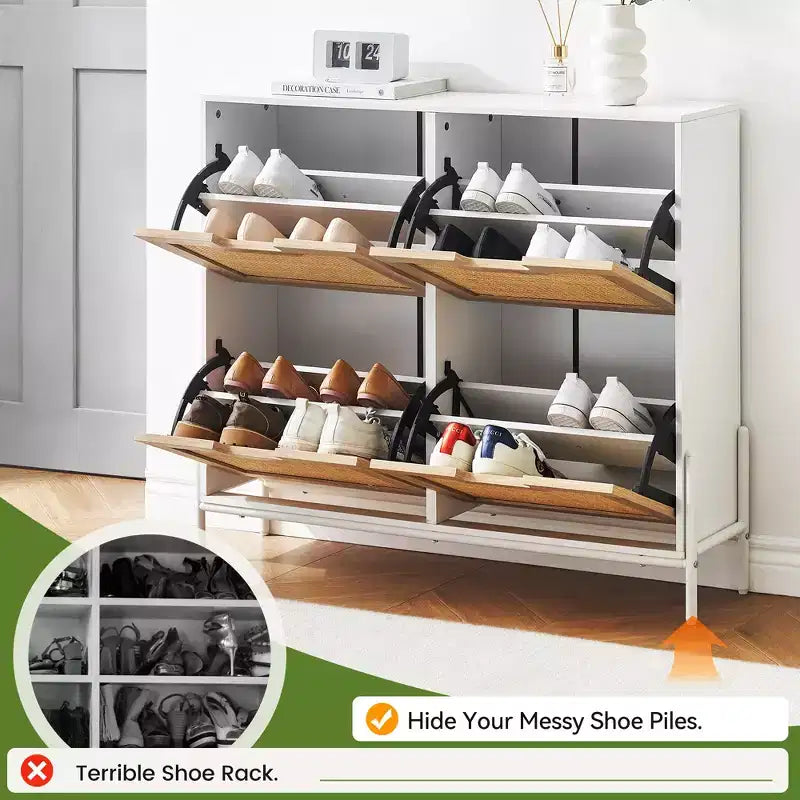 Four-door shoe cabinet with three adjustable shelves, ideal for high heels, boots, and stylish entrywaysa perfect hallway storage solution.