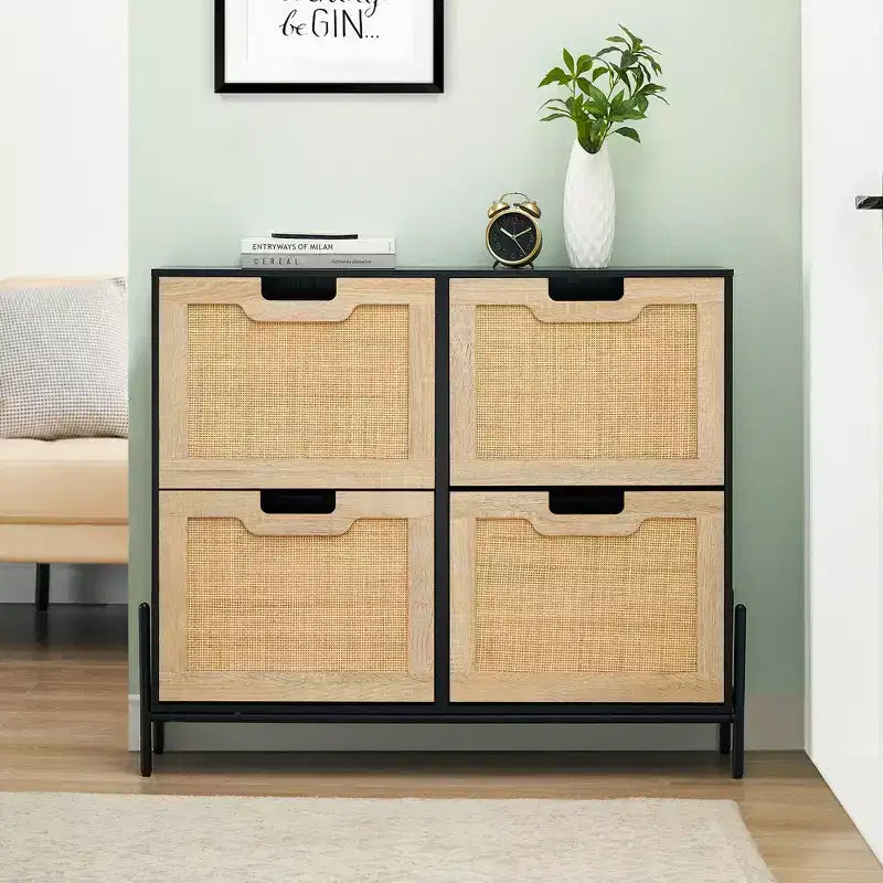 Four-door shoe cabinet with three adjustable shelves, ideal for high heels, boots, and stylish entrywaysa perfect hallway storage solution.