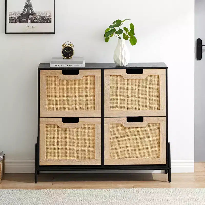 Four-door shoe cabinet with three adjustable shelves, ideal for high heels, boots, and stylish entrywaysa perfect hallway storage solution.
