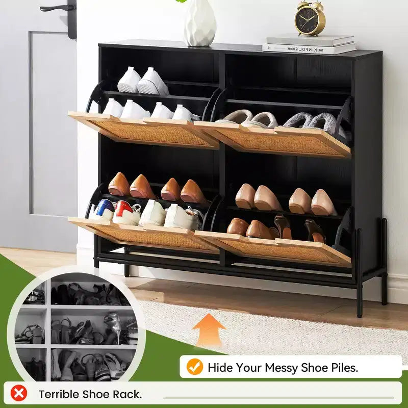 Four-door shoe cabinet with three adjustable shelves, ideal for high heels, boots, and stylish entrywaysa perfect hallway storage solution.