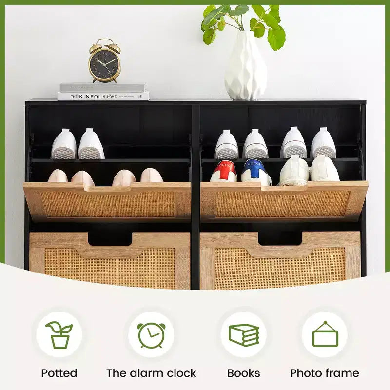 Four-door shoe cabinet with three adjustable shelves, ideal for high heels, boots, and stylish entrywaysa perfect hallway storage solution.