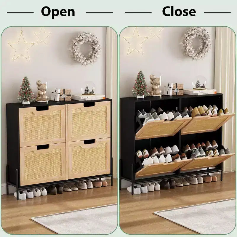 Four-door shoe cabinet with three adjustable shelves, ideal for high heels, boots, and stylish entrywaysa perfect hallway storage solution.