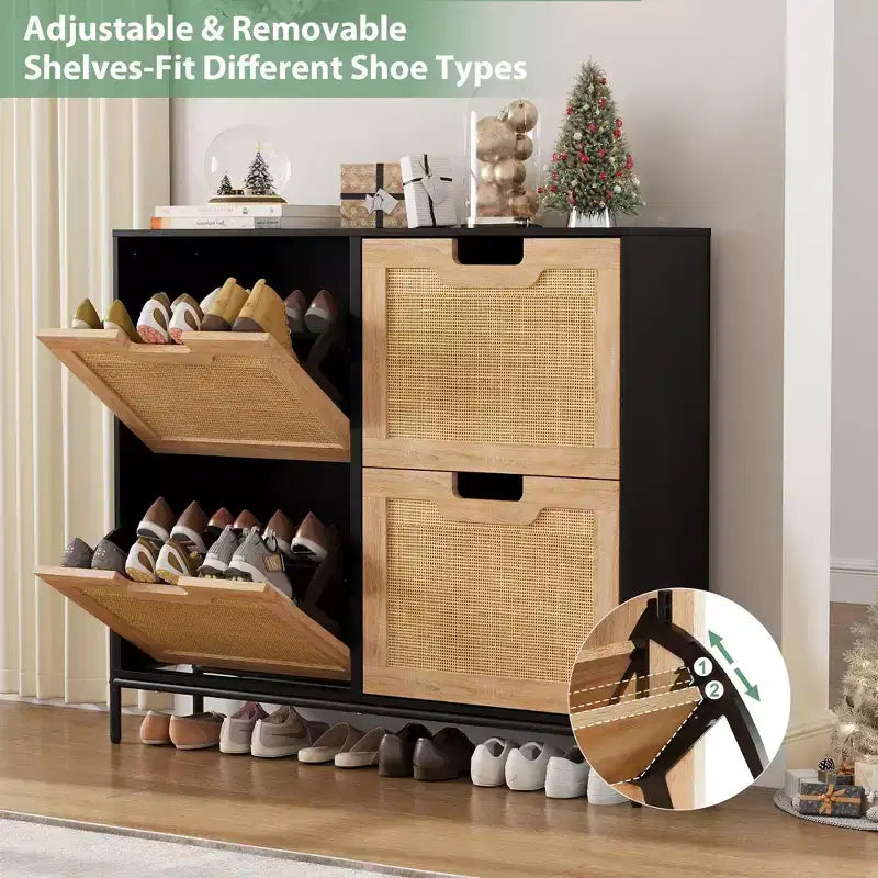 Four-door shoe cabinet with three adjustable shelves, ideal for high heels, boots, and stylish entrywaysa perfect hallway storage solution.
