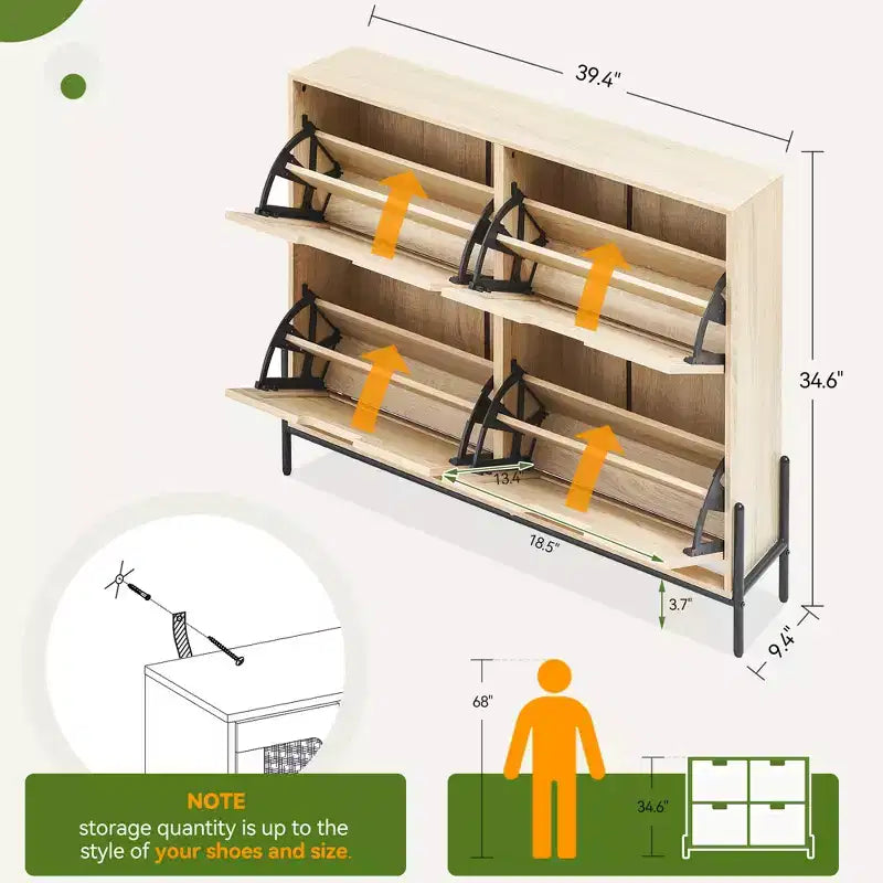 Four-door shoe cabinet with three adjustable shelves, ideal for high heels, boots, and stylish entrywaysa perfect hallway storage solution.