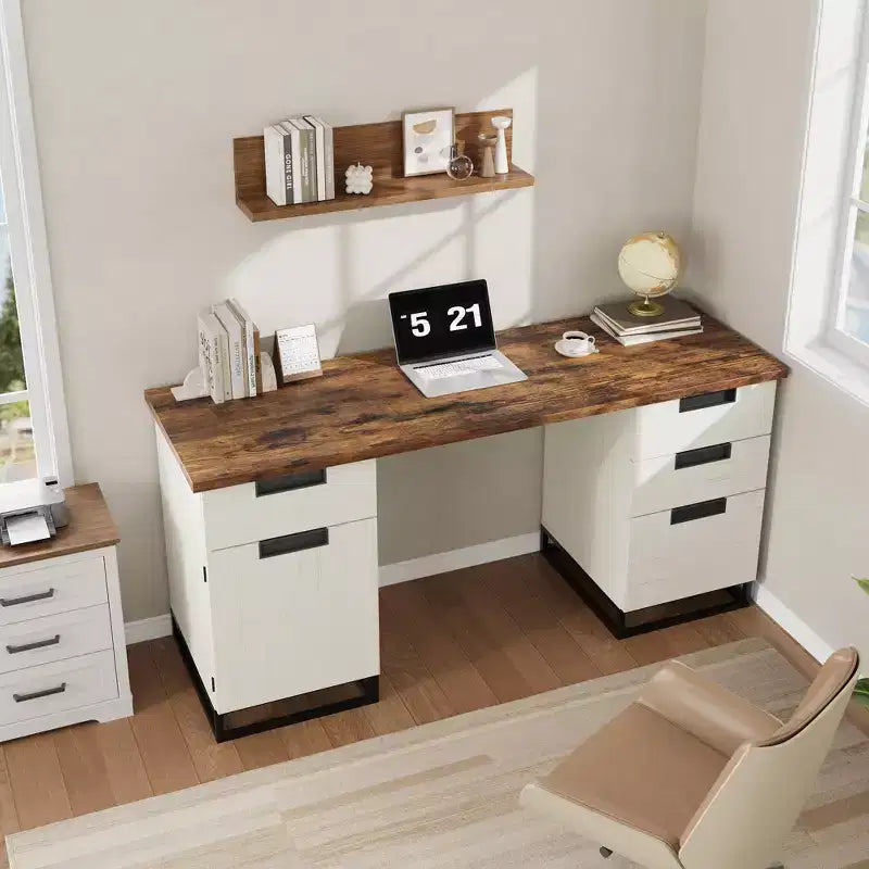 Bureau de direction vintage, bureau de 59 pouces pour bureau à domicile avec tiroir classeur et meuble de rangement