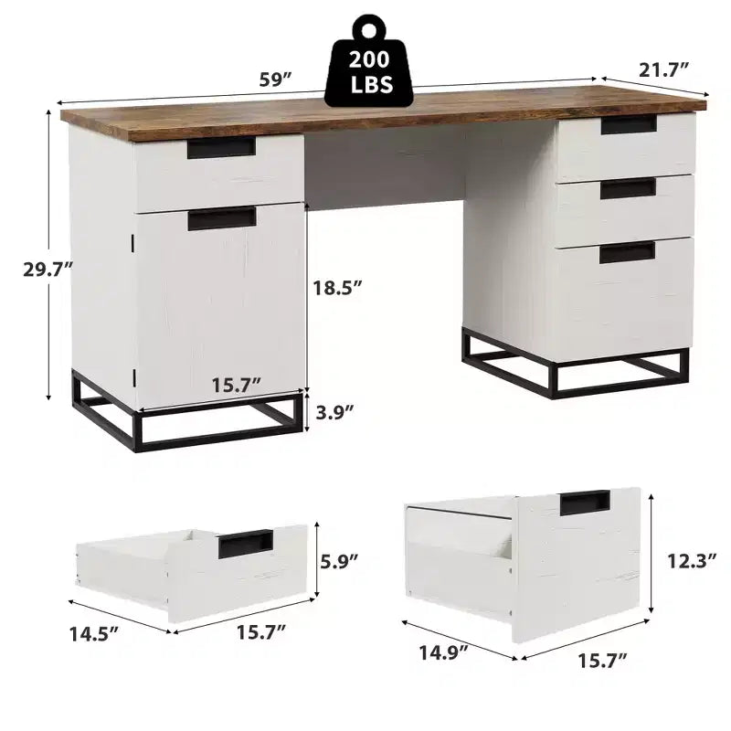 Vintage Executive Desk, 59" Home Office Desk with File Drawer and Storage Cabinet
