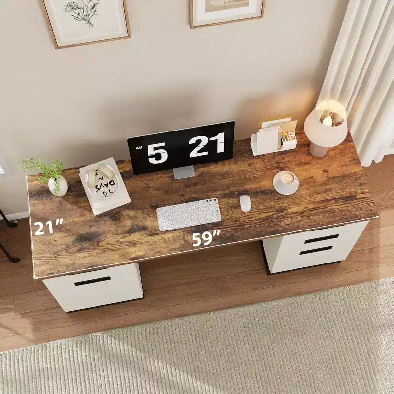 Bureau de direction vintage, bureau de 59 pouces pour bureau à domicile avec tiroir classeur et meuble de rangement