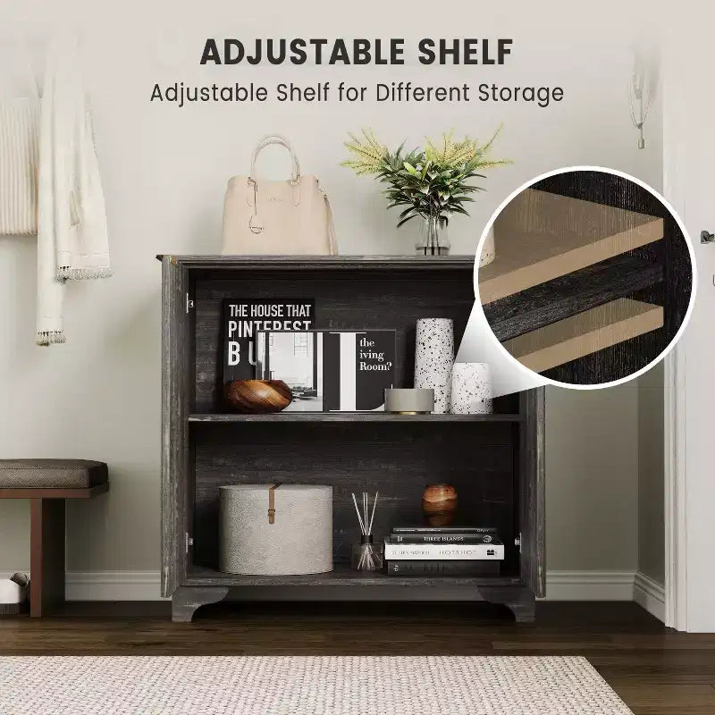 Farmhouse Coffee Bar Cabinet with Fluted Doors and Adjustable Shelves, for Dining Room and Living Room