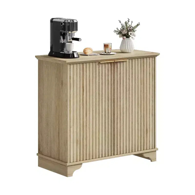 Farmhouse Coffee Bar Cabinet with Fluted Doors and Adjustable Shelves, for Dining Room and Living Room