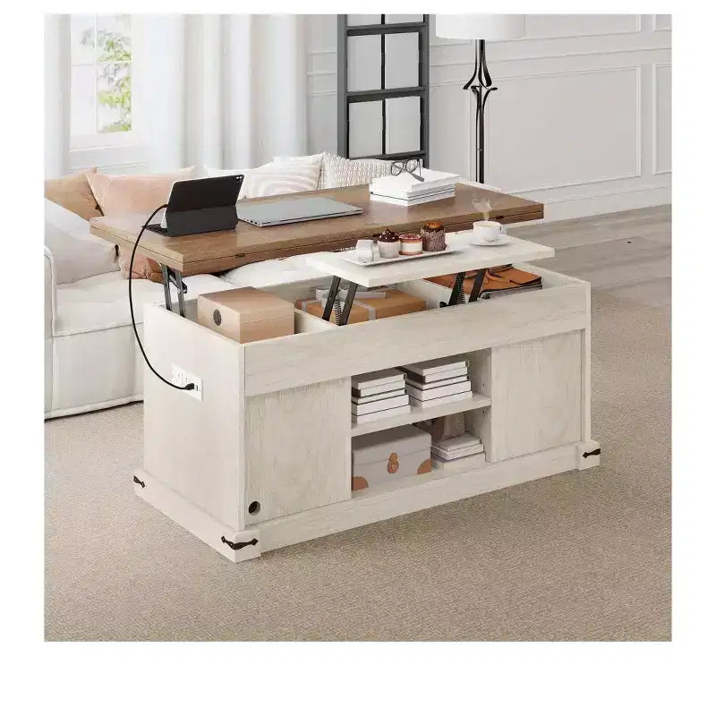 Farmhouse Lift Top Coffee Table With Expandable Tabletop & Barn Door & Charging Station For Living Room