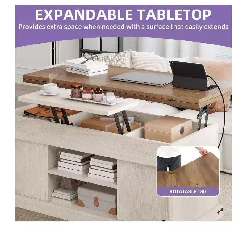 Farmhouse Lift Top Coffee Table With Expandable Tabletop & Barn Door & Charging Station For Living Room