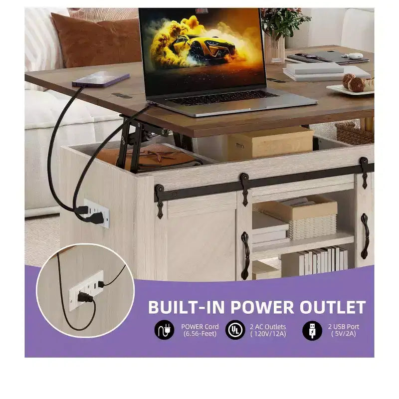 Farmhouse Lift Top Coffee Table With Expandable Tabletop & Barn Door & Charging Station For Living Room