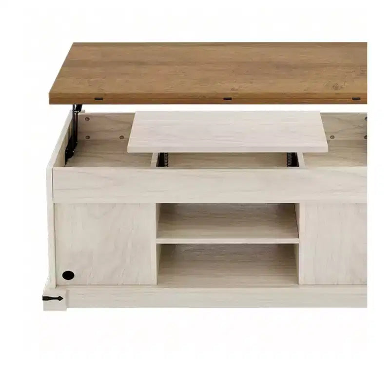 Farmhouse Lift Top Coffee Table With Expandable Tabletop & Barn Door & Charging Station For Living Room
