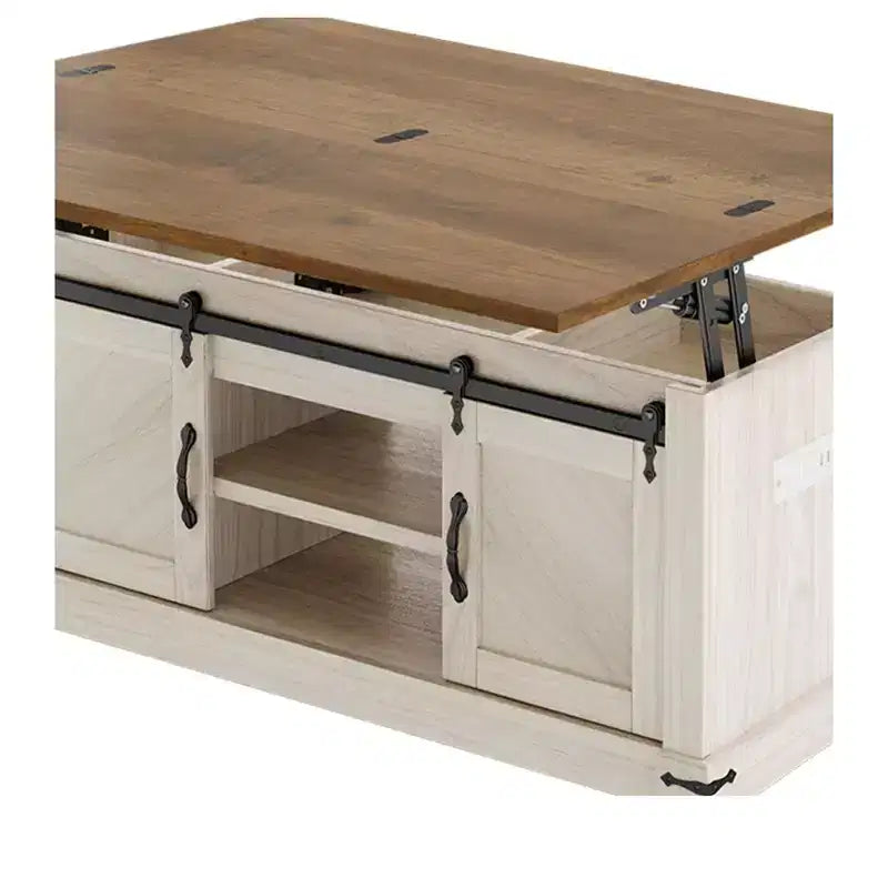 Farmhouse Lift Top Coffee Table With Expandable Tabletop & Barn Door & Charging Station For Living Room