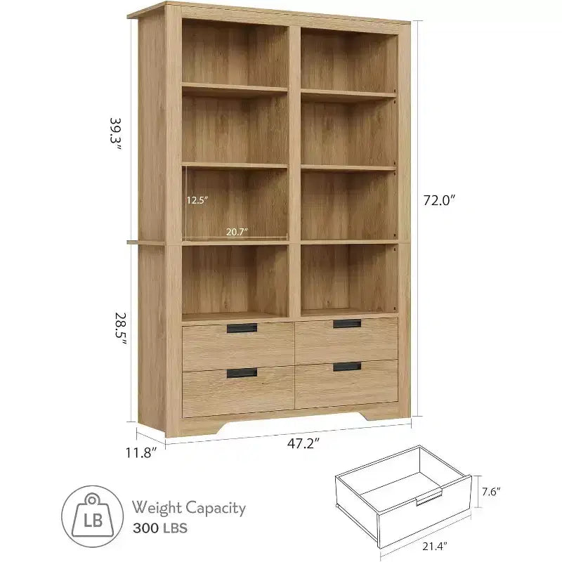 72 in Tall Double-Wide Bookcase with 8 Shelves and 4 Drawers, Farmhouse Storage, 47.2 W x 11.8 D